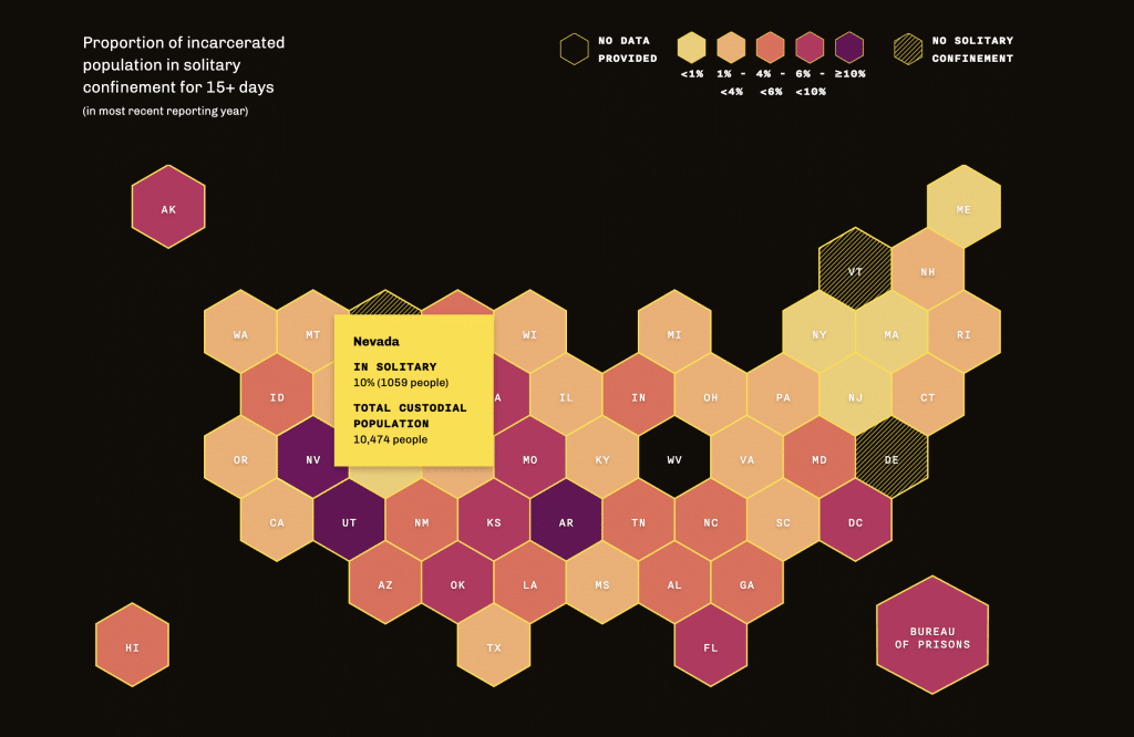 Map depicting portion of U.S. incarcerated population held in solitary for more than 15 days by state. 