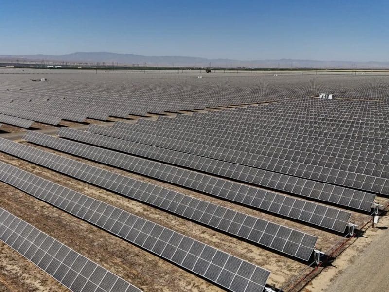 An aerial view of a solar farm on the Woolf Farming & Processing property outside of Huron on Aug. 29, 2025. Photo by Larry Valenzuela, CalMatters/CatchLight Local